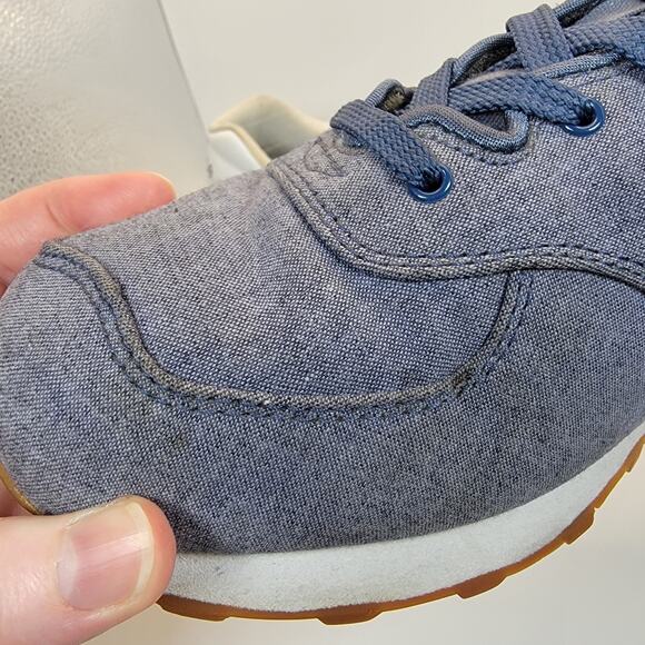 New Balance 574 Sneakers Womens 10.5 Blue Chambray Plaid Lace Up Casual Shoes - Picture 12 of 13